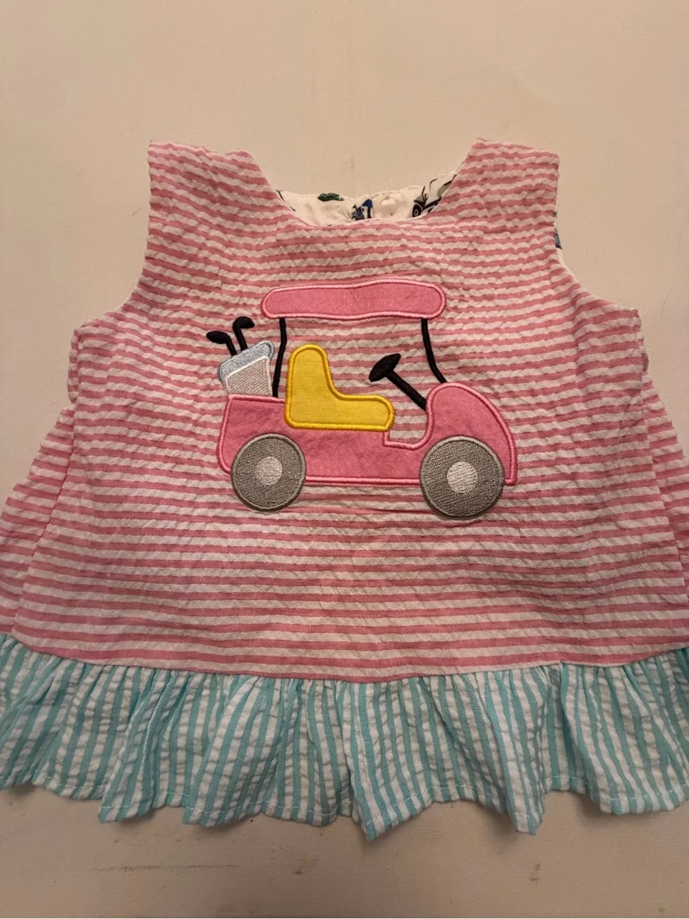 Girls Pink Striped Ruffle Two-Piece Set with Car Applique